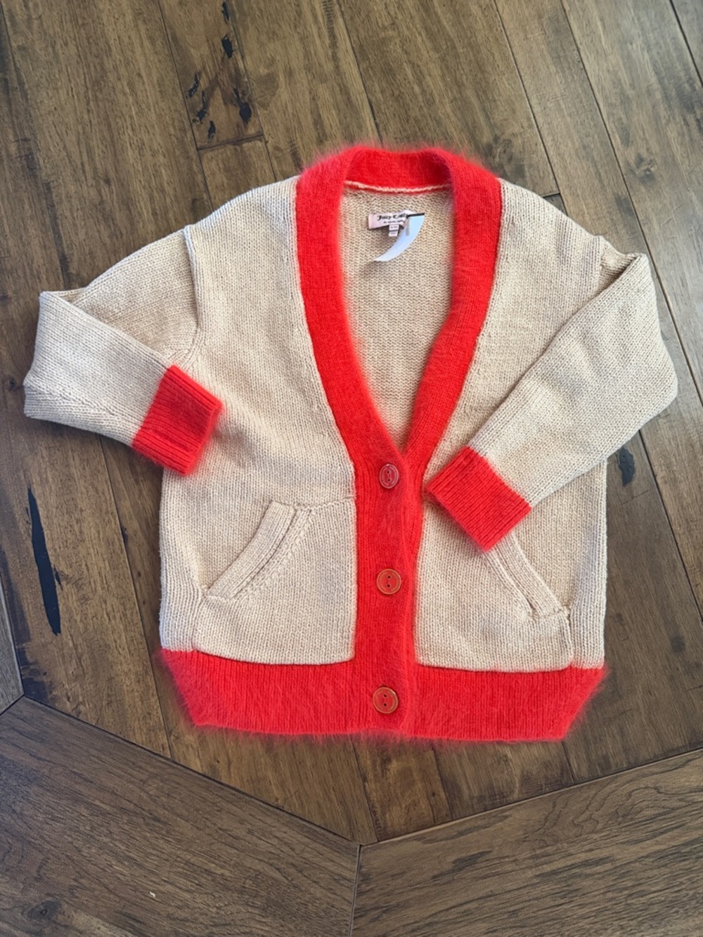 Juicy Couture Beige Cardigan with Bright Coral Trim